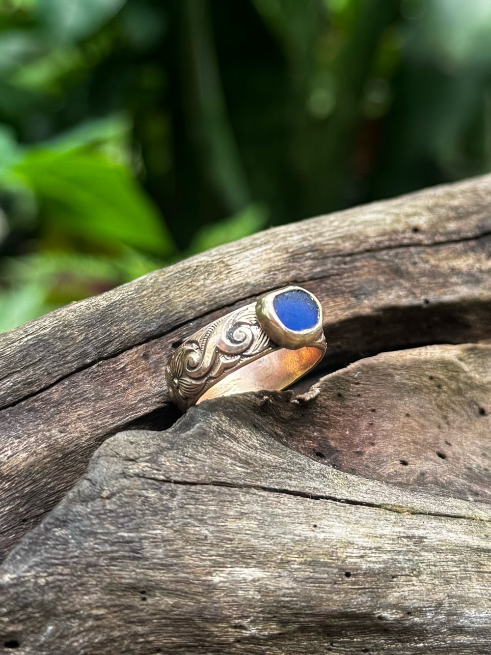 14 k gold fill cobalt blue sea glass floral wave Ring Puerto Rico beach find